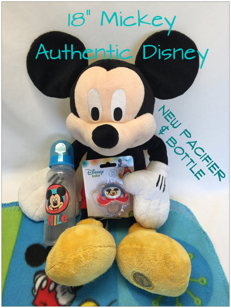 MICKEY MOUSE HAPPY Blanket & NWT 18” Plush Mickey & Bottle & Pacifier!