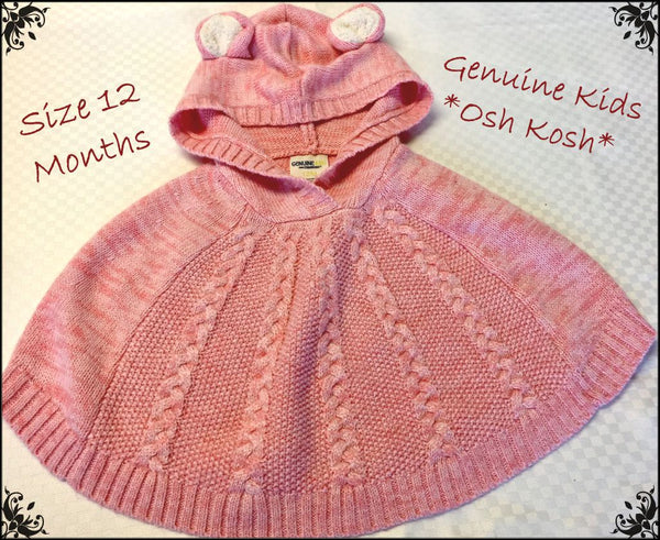 BABY GIRLS Size 12 Months OSH KOSH Knit HOODED CAPE w/EARS - Vintage RARE